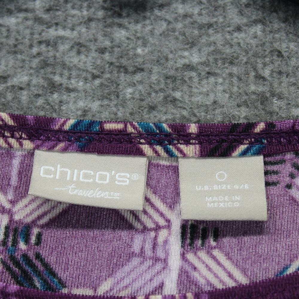 Chico's 0 Travelers Slinky Top Long Seeve Purple Print Slits - Picture 3 of 6